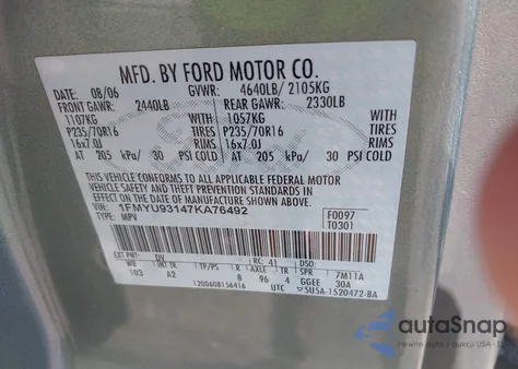 2007 Ford Escape Xlt/Xlt Sport из США, поврежденный, VIN 1FMYU93147KA76492